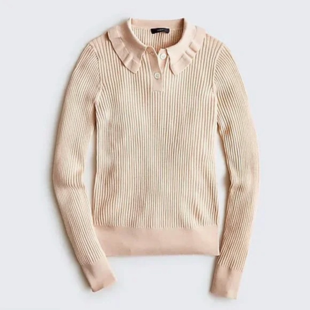 J.Crew ruffle-collar ribbed merino wool polo collar sweater,  warm almond, M